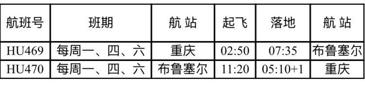 重庆⇋布鲁塞尔航线航班信息。海南航空供图