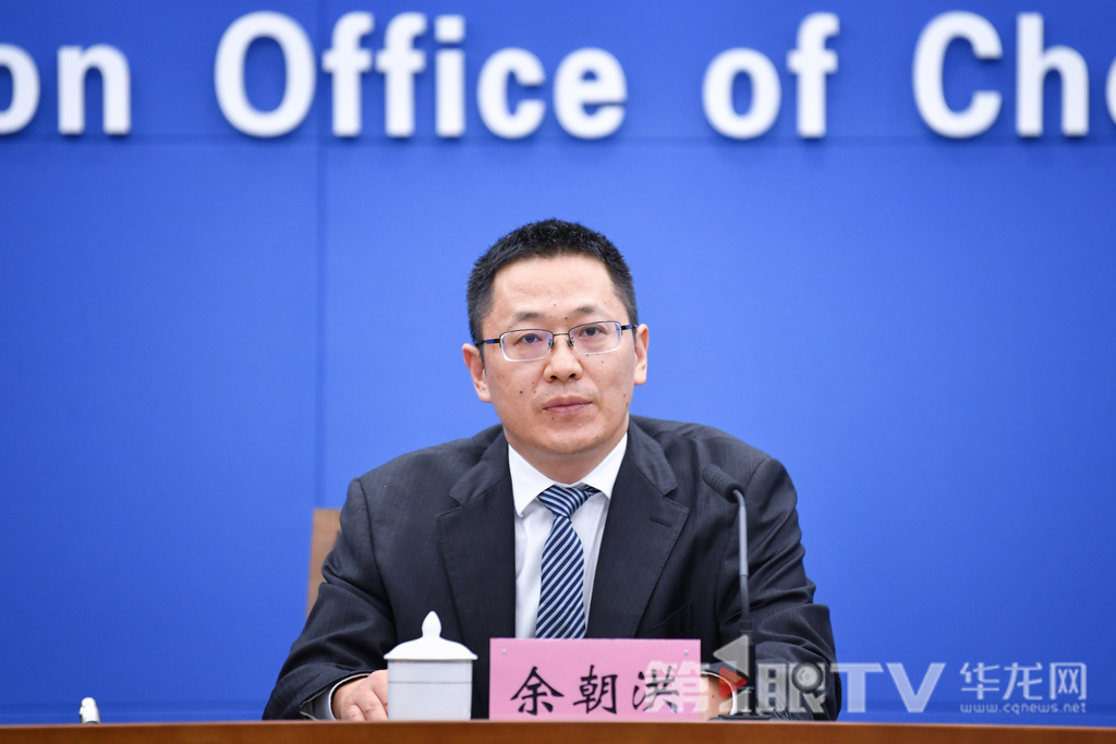 市商务委总经济师余朝洪回答记者提问。第1眼TV-华龙网记者 李一鸣 摄