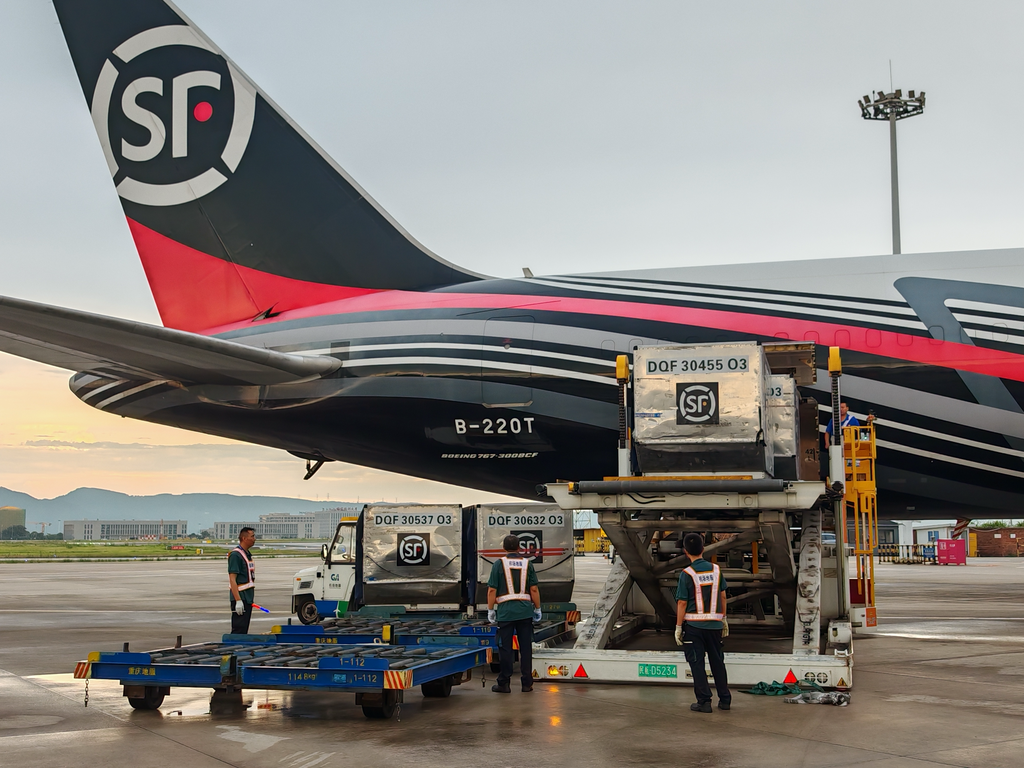 顺丰航空O3248航班满载着鲜活黄鳝，于7月22日晚降落重庆。江北国际机场供图
