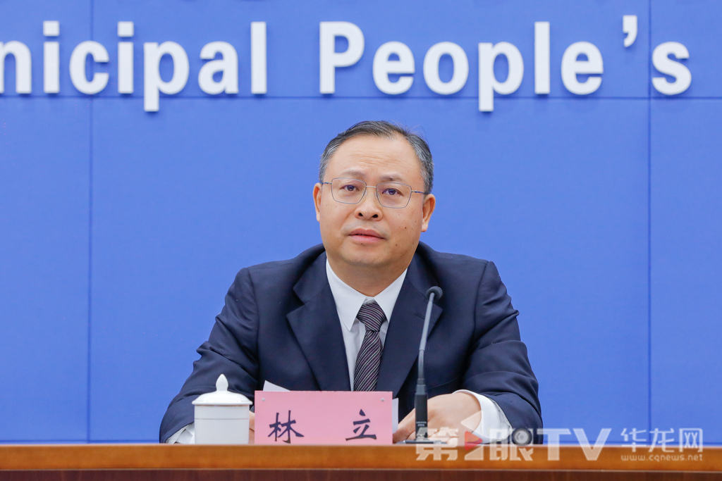 市城市管理局副局长林立回答记者提问。第1眼TV-华龙网记者 石涛 摄