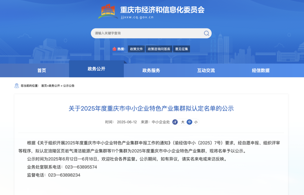 重庆市经济信息委官网截图。